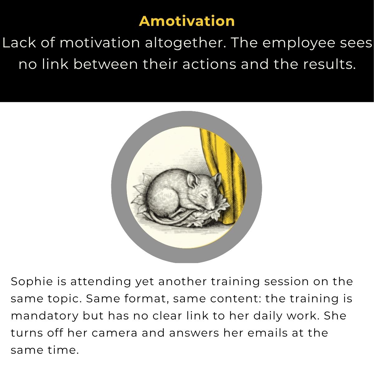 Amotivation: a complete lack of motivation; the employee sees no link between their actions and the outcomes. Example: Sophie is attending yet another training session on the same topic, in the same format, mandatory but with no explicit link to her day-to-day work. She turns off her camera and answers emails on the side.