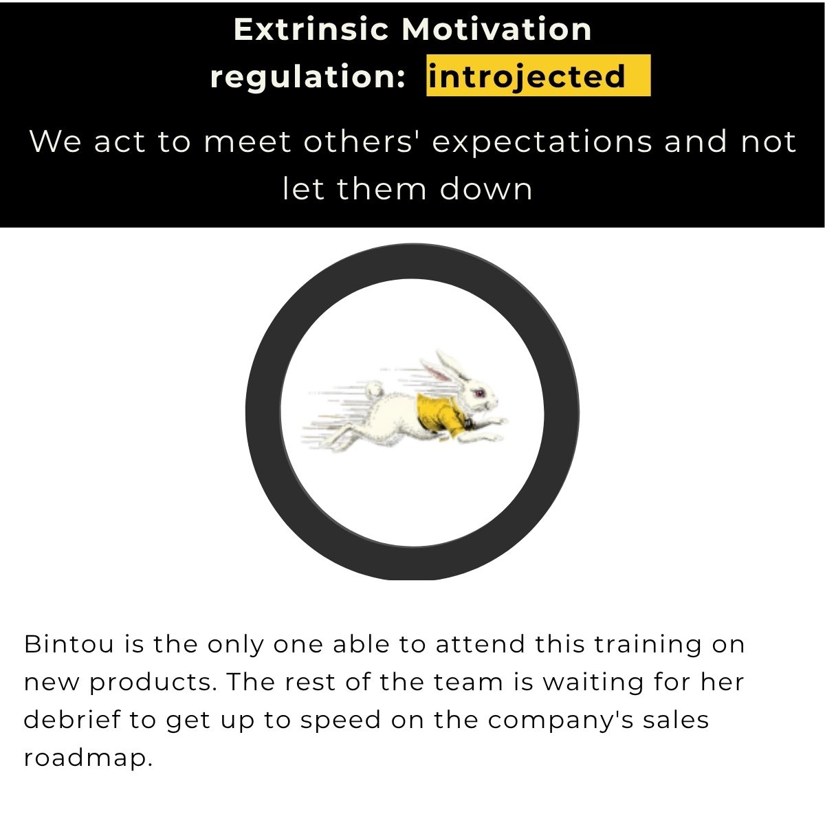 Extrinsic motivation, introjected regulation: acting to meet others' expectations and avoid letting them down. Example: Bintou is the only one who can attend this training on new products; the rest of the team is waiting for her debrief to catch up on the sales roadmap.