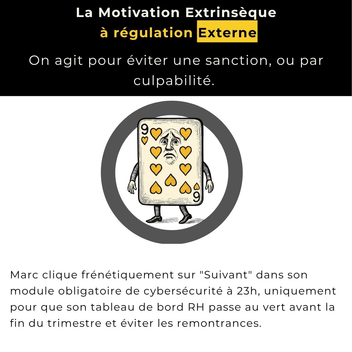 La motivation extrinsèque à régulation externe : on agit pour éviter une sanction, ou par culpabilité, par pression. Exemple : Marc clique frénétiquement sur « Suivant » dans son module obligatoire de cybersécurité à 23 h, uniquement pour que son tableau de bord RH passe au vert avant la fin du trimestre et éviter les remontrances.