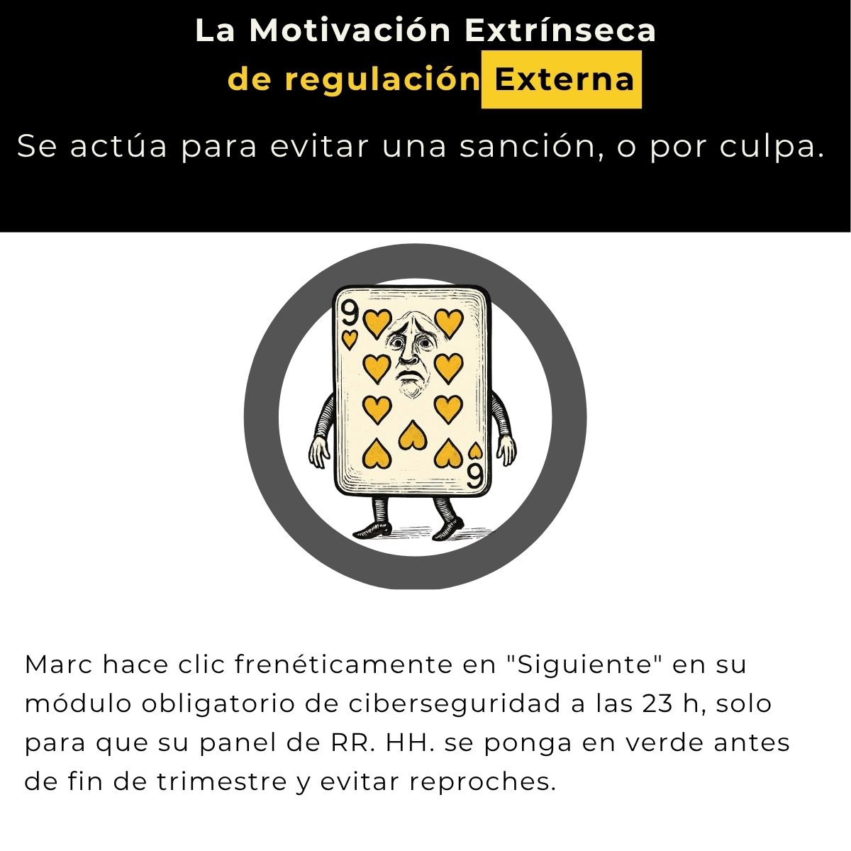Motivación extrínseca de regulación externa: se actúa para evitar una sanción, por culpa o bajo presión. Ejemplo: a las 23:00, Marc hace clic frenéticamente en «Siguiente» en su módulo obligatorio de ciberseguridad, solo para que su panel de RR. HH. se ponga en verde antes de que acabe el trimestre y evitar reproches.