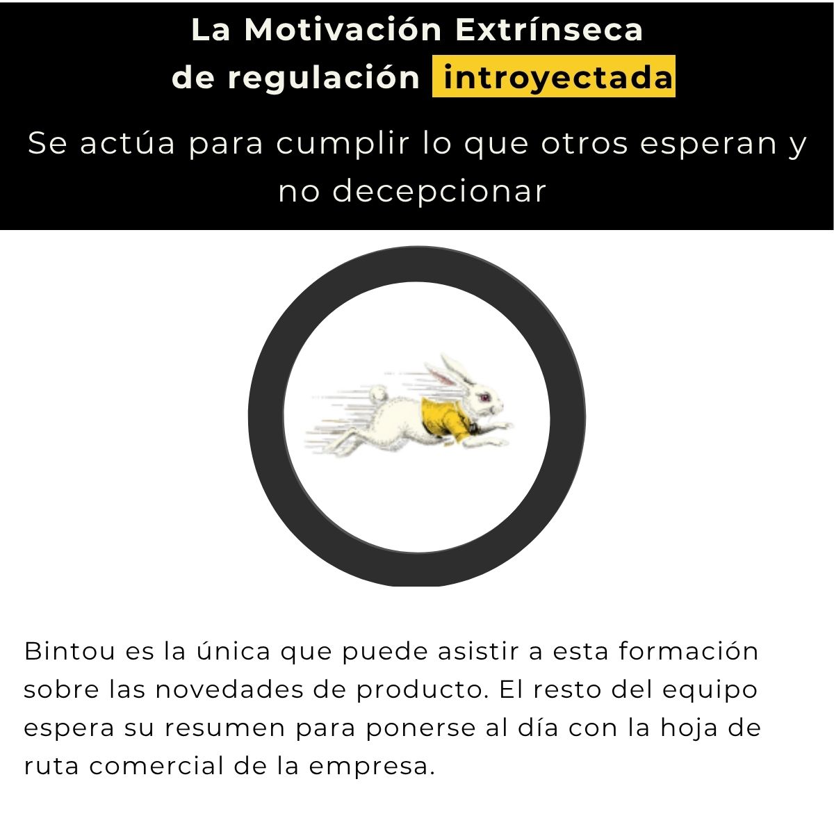 Motivación extrínseca de regulación introyectada: se actúa para ajustarse a lo que esperan los demás y no decepcionar. Ejemplo: Bintou es la única que puede seguir esta formación sobre las novedades de producto; el resto del equipo espera su resumen para ponerse al día con la hoja de ruta comercial.