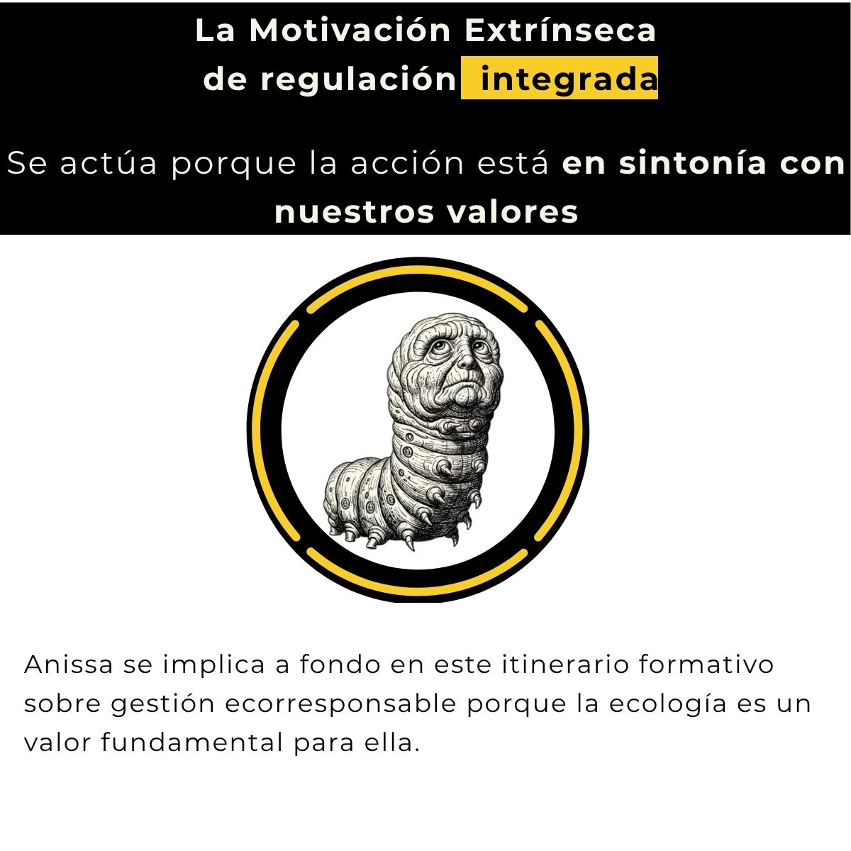 Motivación extrínseca de regulación integrada: se actúa porque la acción está en sintonía con nuestros valores. Ejemplo: Anissa se implica en un itinerario sobre gestión ecorresponsable porque la ecología es un valor fundamental para ella.